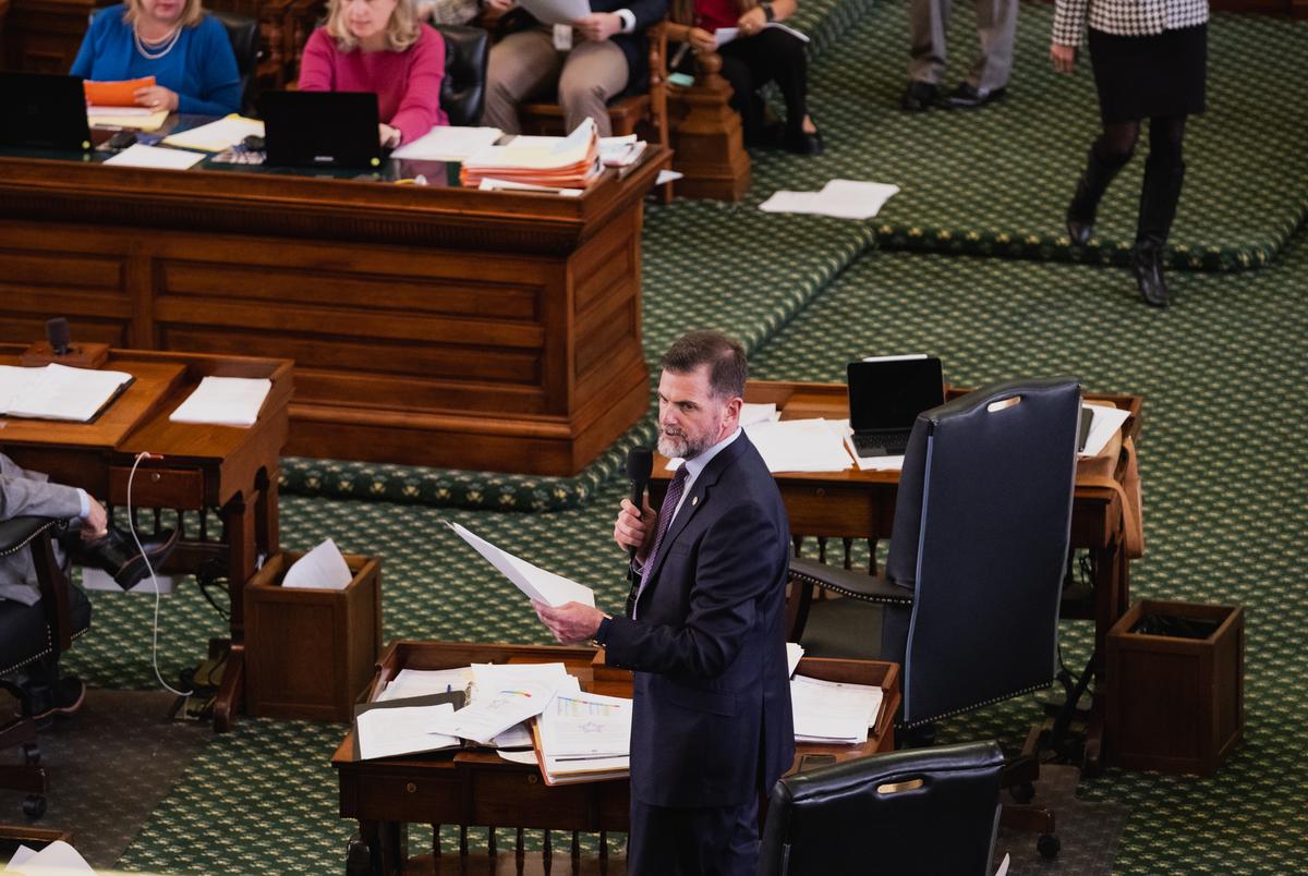 State Sen. Brandon Creighton, R-Conroe, speaks on the Senate floor at the Capitol in Austin on April 06, 2023.